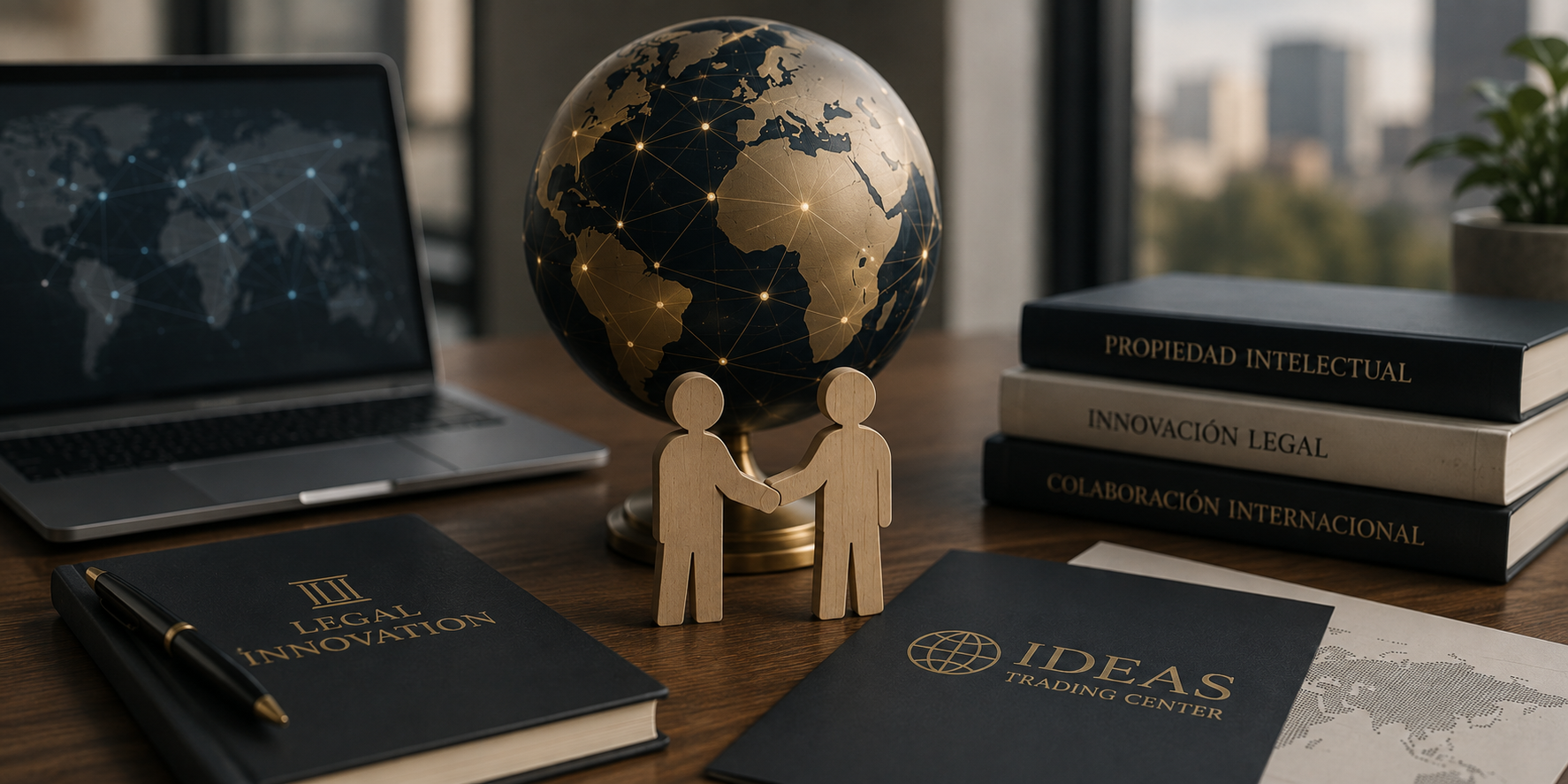 Globo terráqueo con red de conexiones sobre un escritorio, junto a libros de propiedad intelectual, innovación legal y colaboración internacional, y la carpeta de Ideas Trading Center