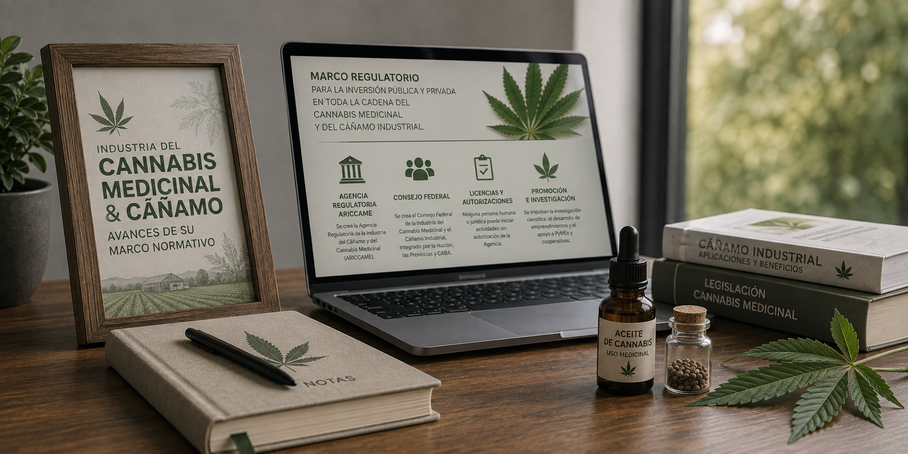 Escritorio con una laptop mostrando un resumen del marco regulatorio del cannabis medicinal y el cáñamo industrial, junto a libros sobre legislación y cáñamo industrial, hojas de cannabis y aceite de uso medicinal