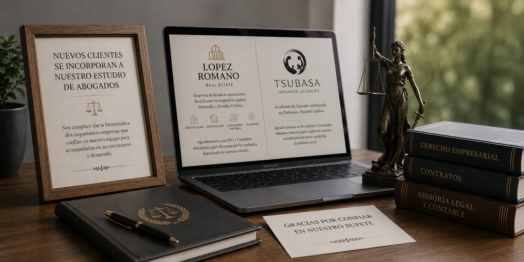 Escritorio con una laptop mostrando los logos de LOPEZ ROMANO Real Estate y TSUBASA Japanese Academy, junto a una estatua de la justicia, libros de derecho empresarial y una nota agradeciendo la confianza depositada en el estudio