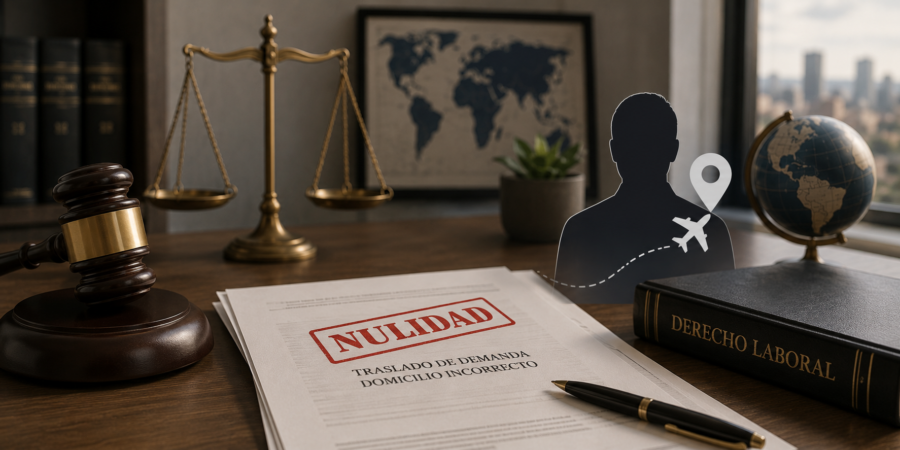 Escritorio con una balanza y un mazo de juez, un expediente sellado como "Nulidad - Traslado de demanda, domicilio incorrecto", y la silueta de una persona con un ícono de avión y ubicación indicando su domicilio en el extranjero
