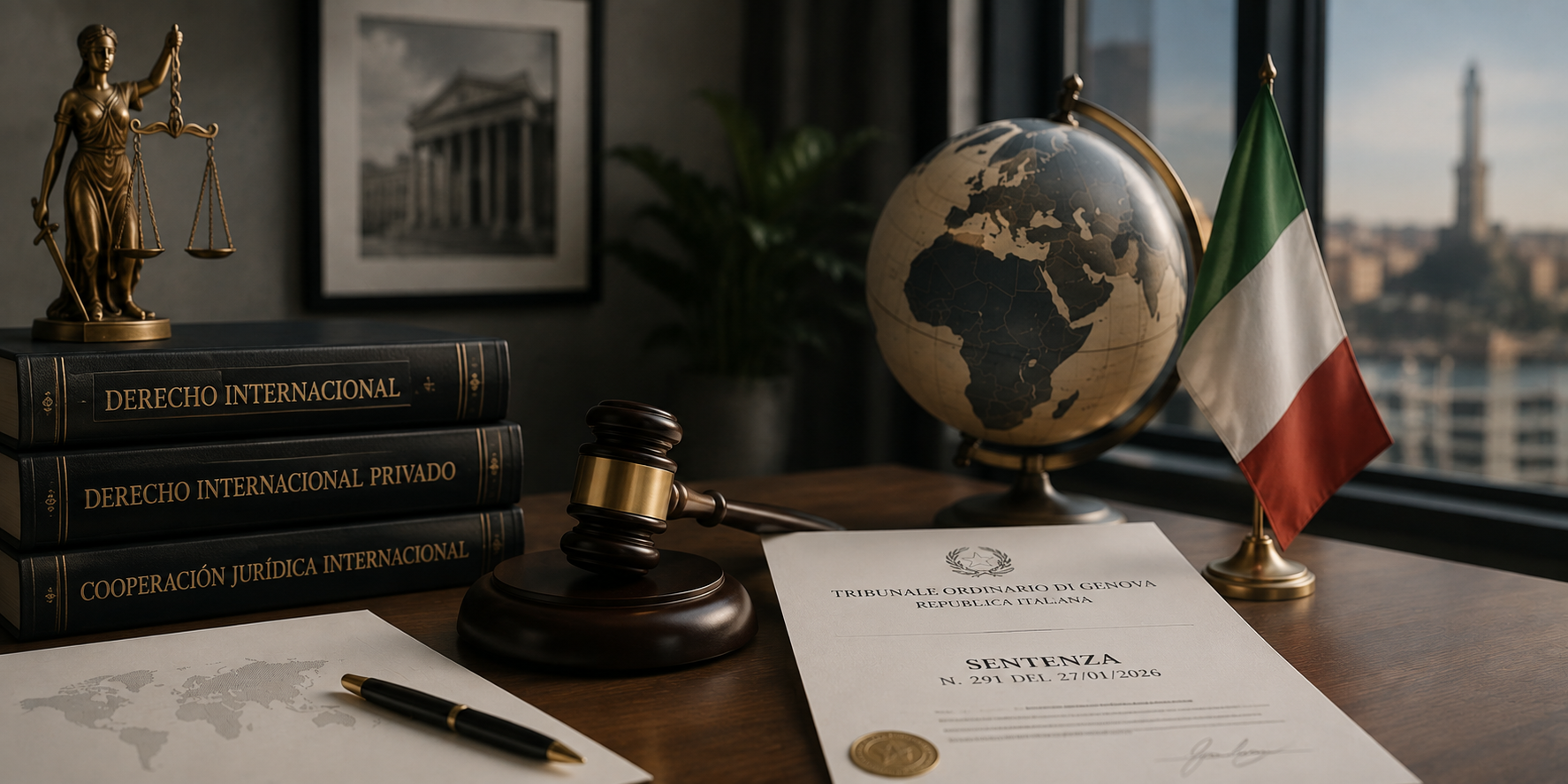 Escritorio con la estatua de la justicia, libros de derecho internacional, un mazo, un globo terráqueo, la bandera de Italia y la sentencia del Tribunale Ordinario di Genova